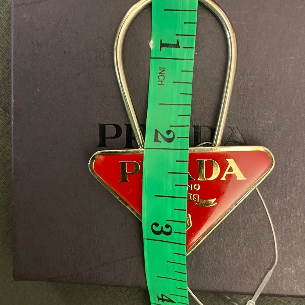 Prada Enameled Metal Key Ring in Red/Gold Triangle Unisex Key Holder